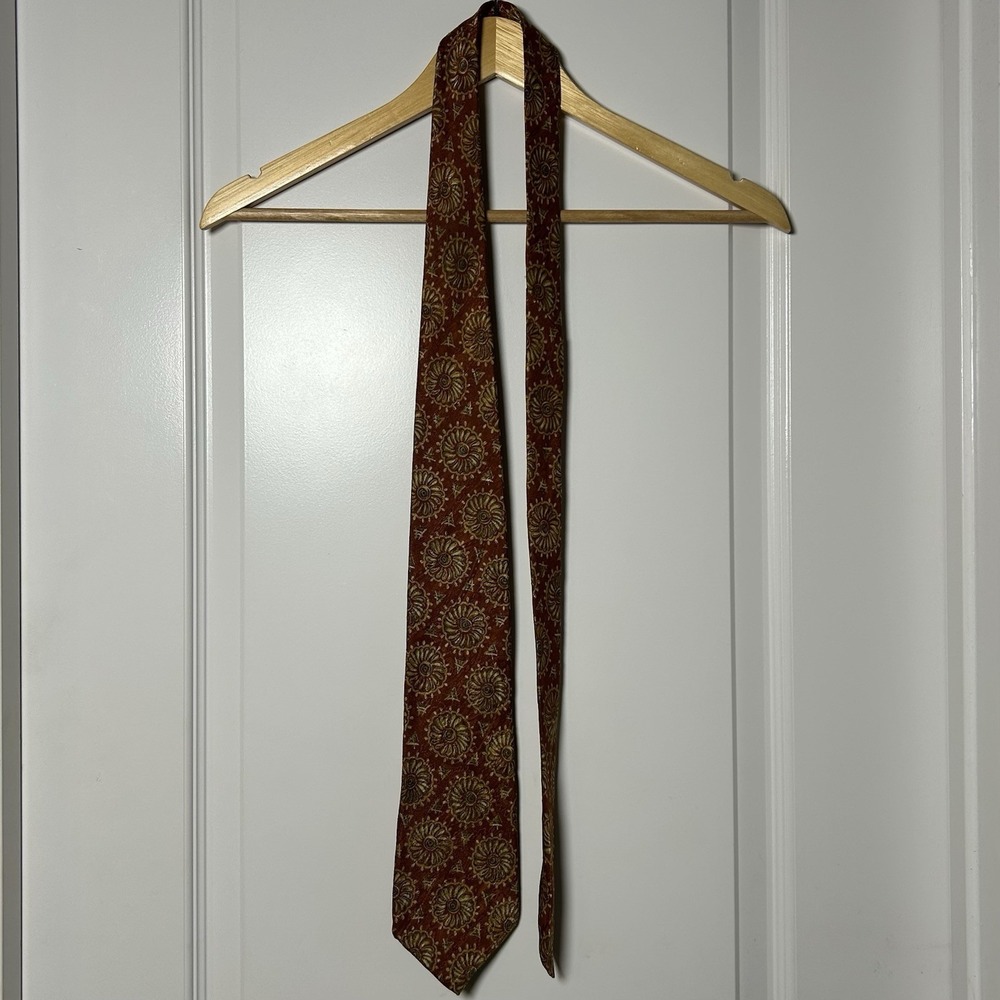 Chaps Ralph Lauren Vintage 80s Silk Wool Blend Rust Gold Medallion Floral Tie